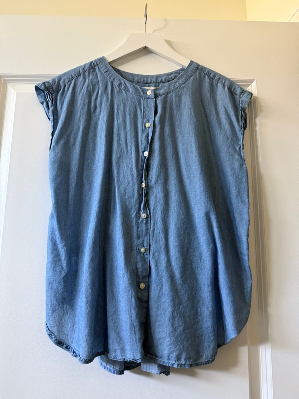 LOFT Light Blue Denim Button-Front Cap-Sleeve Top